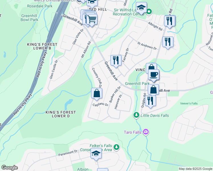map of restaurants, bars, coffee shops, grocery stores, and more near 92 Glen Valley Drive in Hamilton