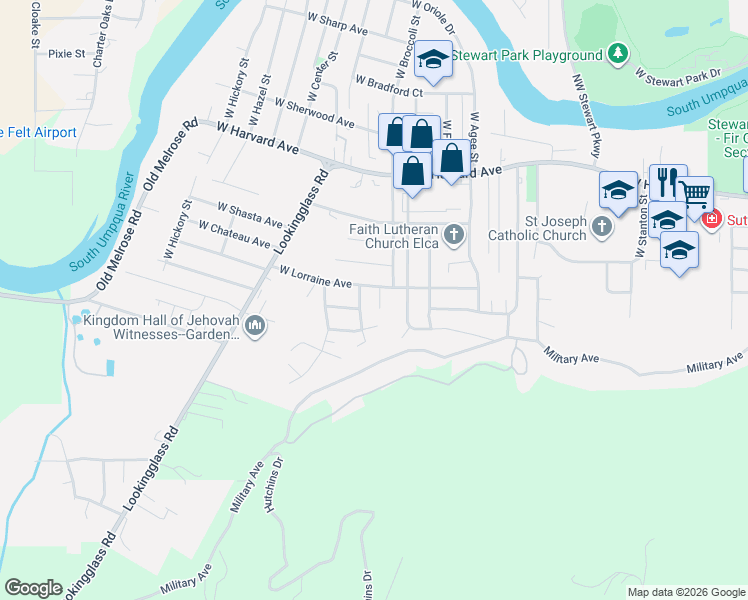 map of restaurants, bars, coffee shops, grocery stores, and more near 2749 West Lorraine Avenue in Roseburg
