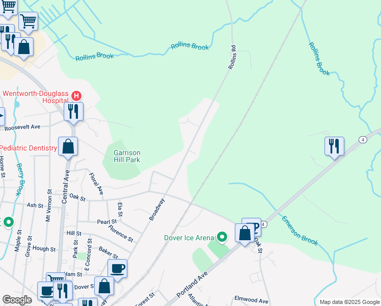 map of restaurants, bars, coffee shops, grocery stores, and more near 45 Rollins Road in Rollinsford