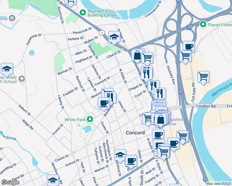 map of restaurants, bars, coffee shops, grocery stores, and more near 46 Washington Street in Concord