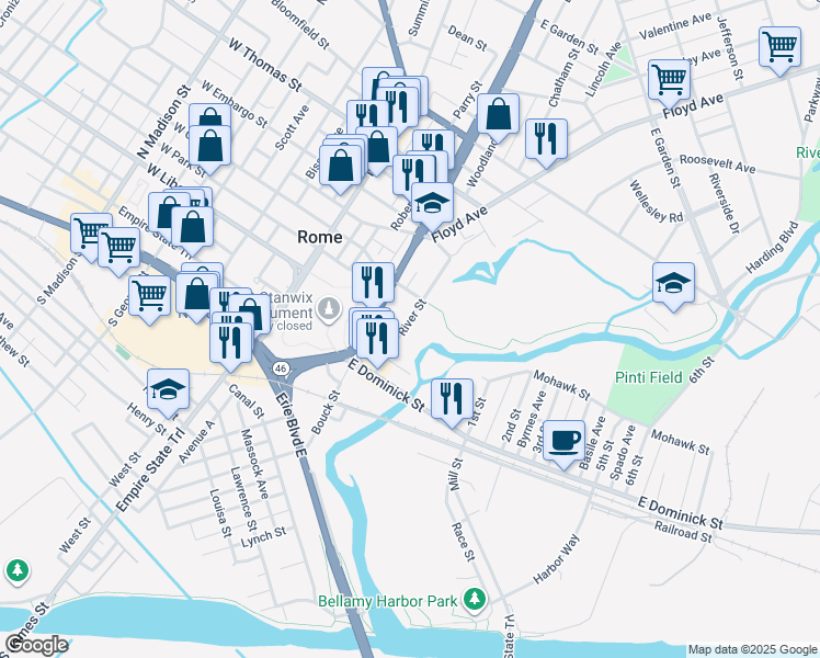 map of restaurants, bars, coffee shops, grocery stores, and more near 132 River Street in Rome