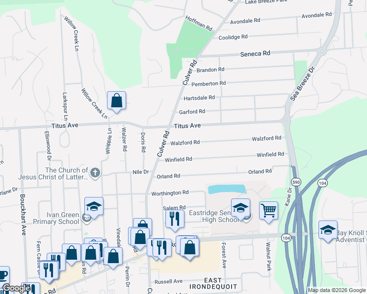 map of restaurants, bars, coffee shops, grocery stores, and more near 56 Walzford Road in Rochester