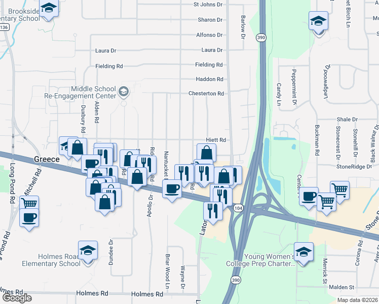 map of restaurants, bars, coffee shops, grocery stores, and more near 142 Newton Road in Rochester