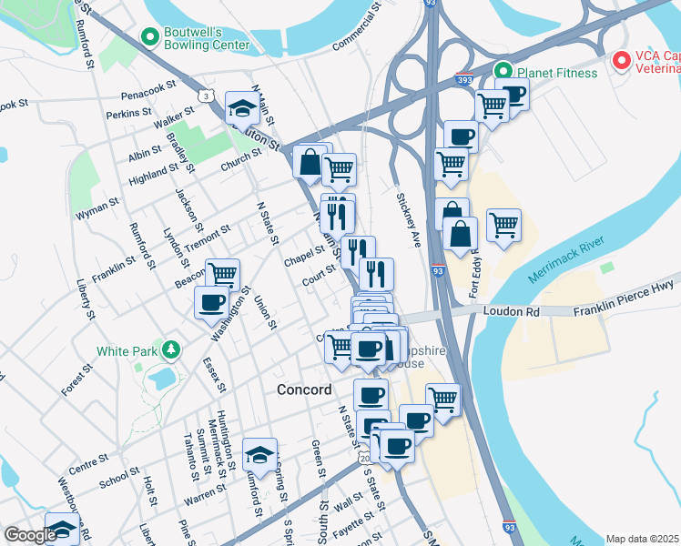 map of restaurants, bars, coffee shops, grocery stores, and more near 163 North Main Street in Concord