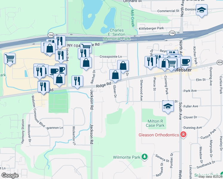 map of restaurants, bars, coffee shops, grocery stores, and more near 1183 Ridge Road in Webster