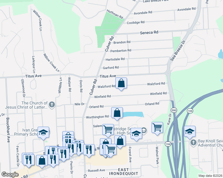map of restaurants, bars, coffee shops, grocery stores, and more near 109 Walzford Road in Rochester
