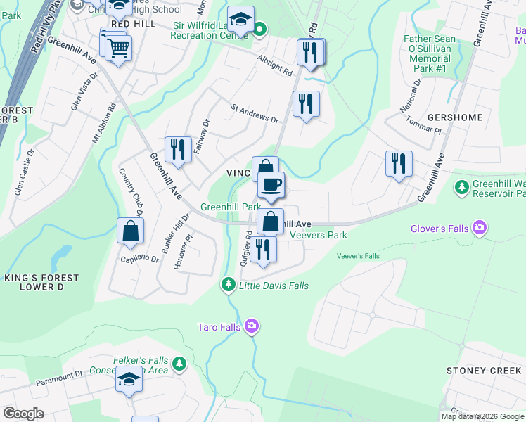 map of restaurants, bars, coffee shops, grocery stores, and more near 625 Greenhill Avenue in Hamilton