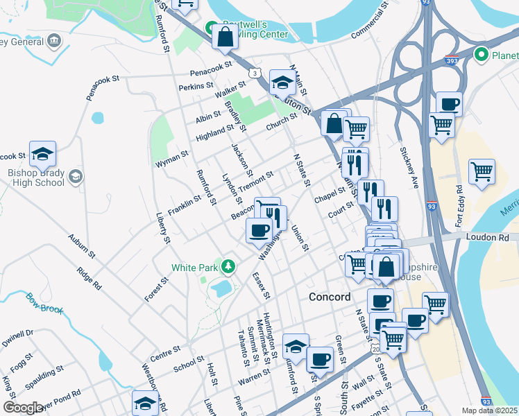 map of restaurants, bars, coffee shops, grocery stores, and more near 25 Beacon Street in Concord