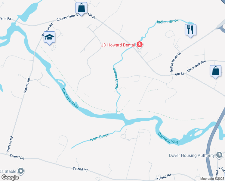 map of restaurants, bars, coffee shops, grocery stores, and more near 150 Liberty Way in Dover
