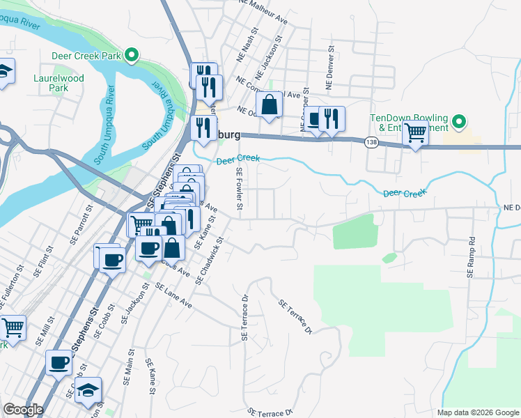 map of restaurants, bars, coffee shops, grocery stores, and more near 342 Southeast Pitzer Street in Roseburg