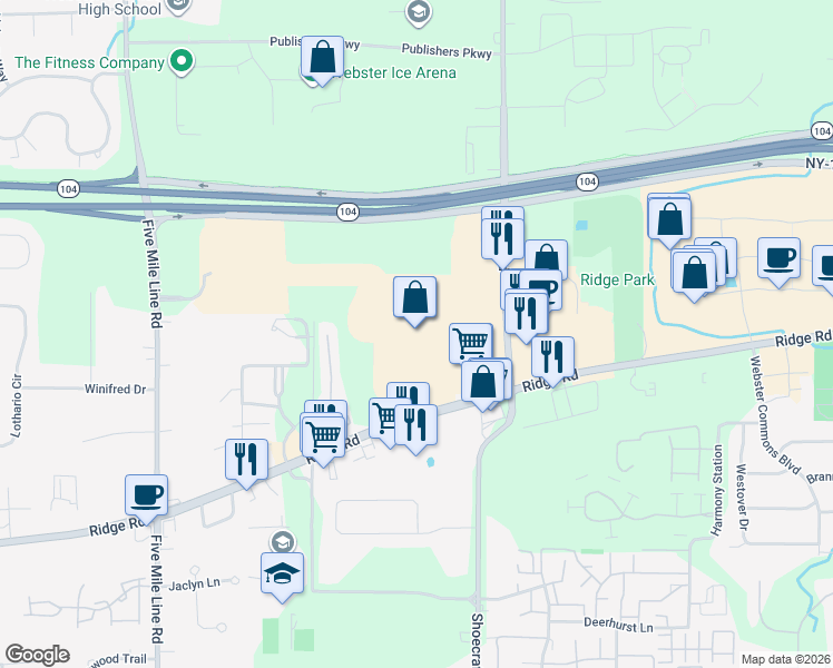 map of restaurants, bars, coffee shops, grocery stores, and more near 950 Ridge Road in Webster