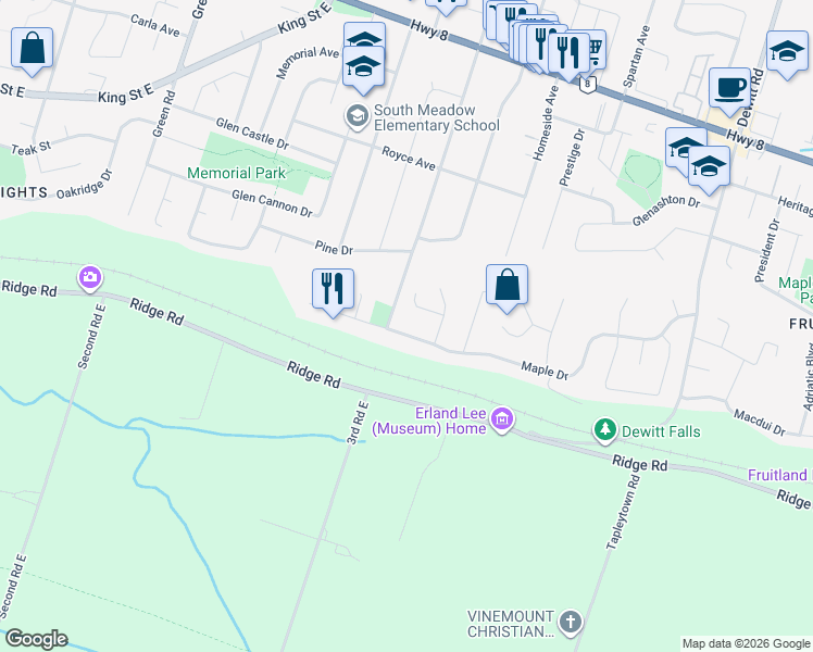 map of restaurants, bars, coffee shops, grocery stores, and more near 42 Millen Road in Hamilton