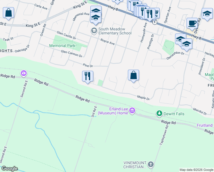 map of restaurants, bars, coffee shops, grocery stores, and more near 43 Maple Drive in Hamilton