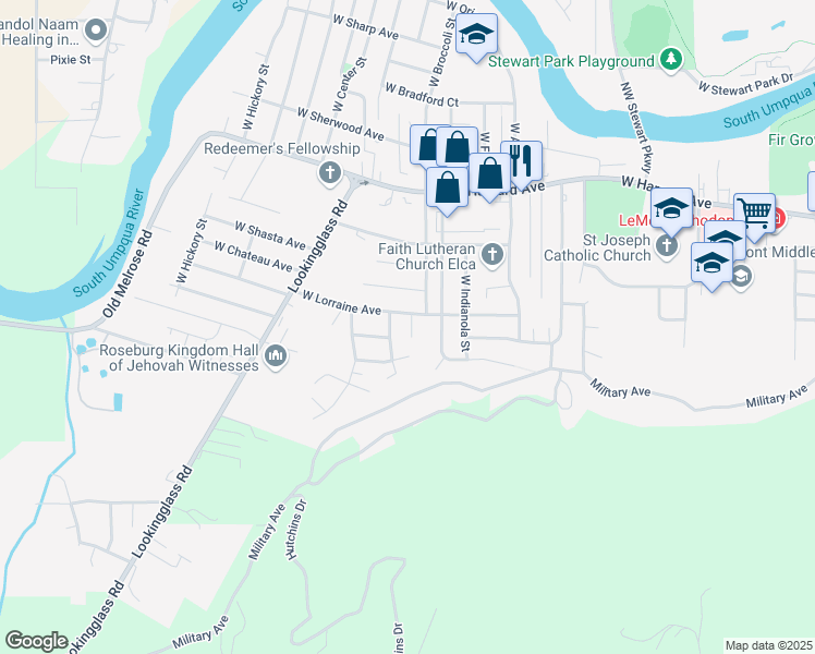 map of restaurants, bars, coffee shops, grocery stores, and more near 2759 West Lorraine Avenue in Roseburg