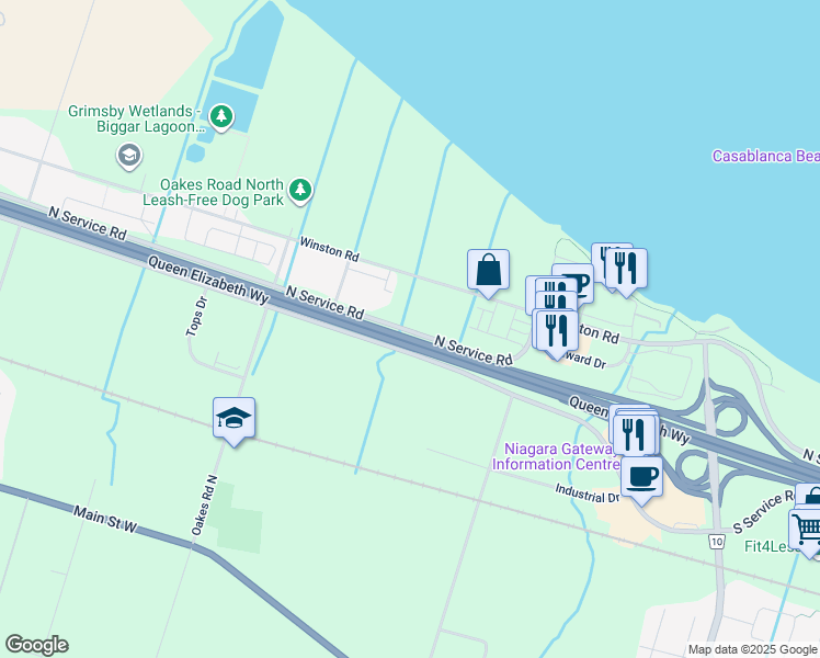 map of restaurants, bars, coffee shops, grocery stores, and more near 544 North Service Road in Grimsby