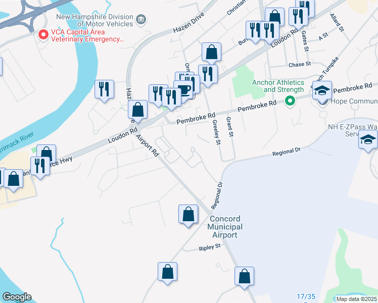 map of restaurants, bars, coffee shops, grocery stores, and more near 1 Minuteman Way in Concord