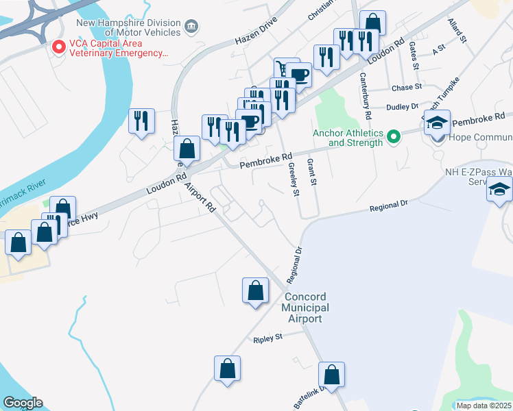 map of restaurants, bars, coffee shops, grocery stores, and more near 1 Minuteman Way in Concord