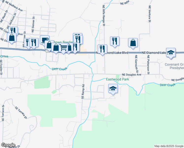 map of restaurants, bars, coffee shops, grocery stores, and more near 2823 Southeast Douglas Avenue in Roseburg