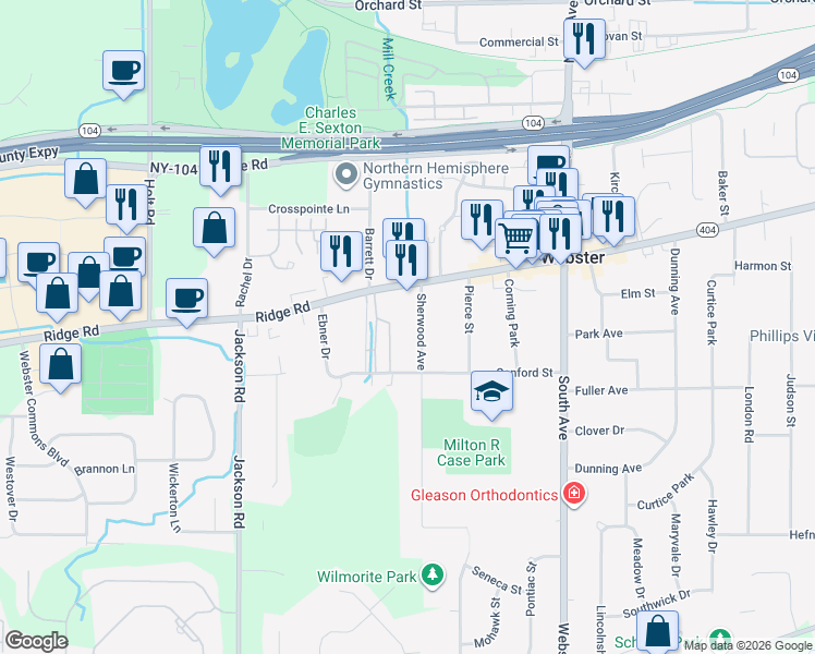 map of restaurants, bars, coffee shops, grocery stores, and more near 15 Sherwood Avenue in Webster