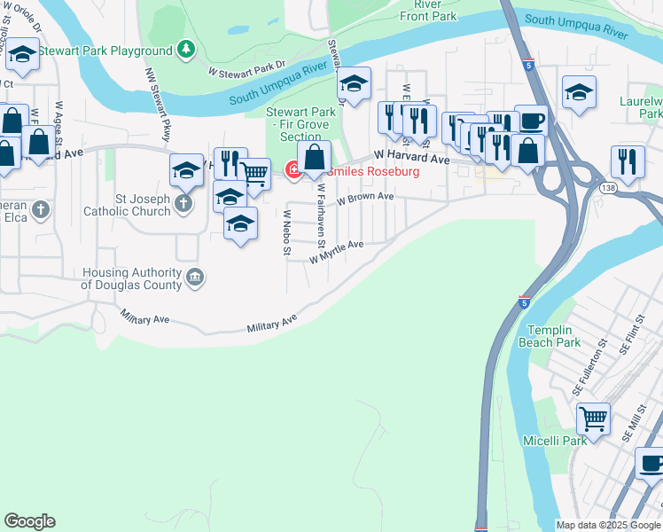 map of restaurants, bars, coffee shops, grocery stores, and more near 1025 West Fairhaven Street in Roseburg