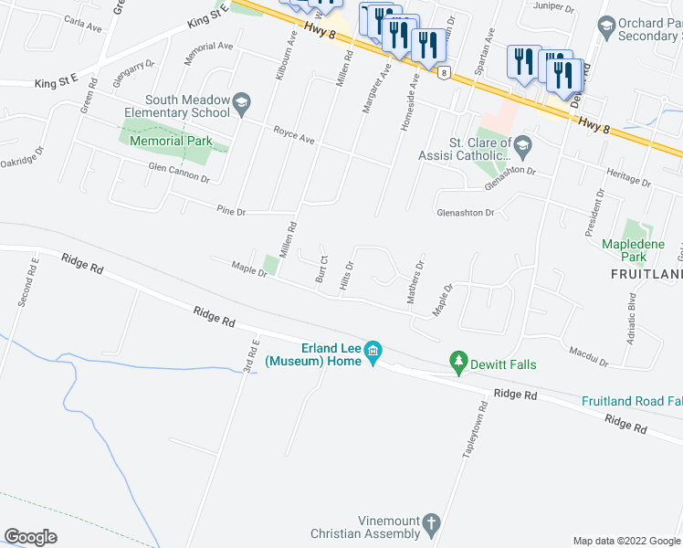 map of restaurants, bars, coffee shops, grocery stores, and more near 9 Hilts Drive in Hamilton