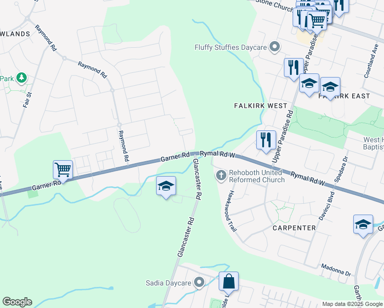 map of restaurants, bars, coffee shops, grocery stores, and more near 1100 Garner Road in Hamilton