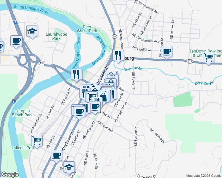 map of restaurants, bars, coffee shops, grocery stores, and more near 424 Southeast Jackson Street in Roseburg