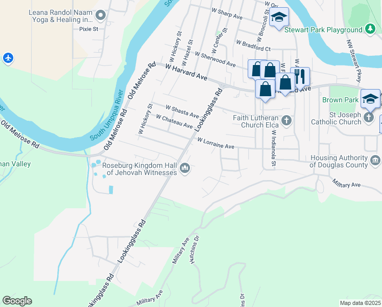 map of restaurants, bars, coffee shops, grocery stores, and more near 1049 Lookingglass Road in Roseburg