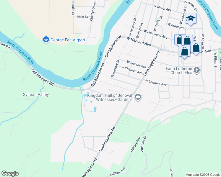 map of restaurants, bars, coffee shops, grocery stores, and more near 143 West River Ridge Avenue in Roseburg