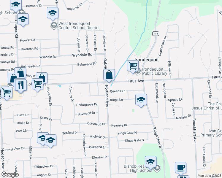 map of restaurants, bars, coffee shops, grocery stores, and more near 30 Queens Lane in Irondequoit