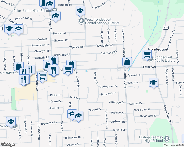 map of restaurants, bars, coffee shops, grocery stores, and more near 919 Titus Avenue in Rochester