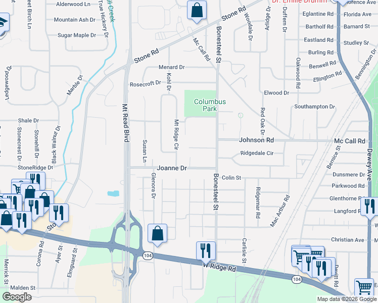 map of restaurants, bars, coffee shops, grocery stores, and more near 97 Foreman Drive in Rochester