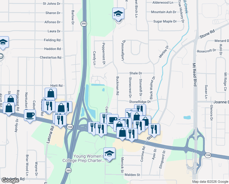 map of restaurants, bars, coffee shops, grocery stores, and more near 228 Buckman Road in Rochester