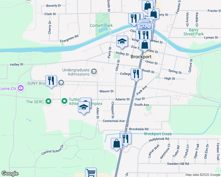 map of restaurants, bars, coffee shops, grocery stores, and more near 176 Utica Street in Brockport