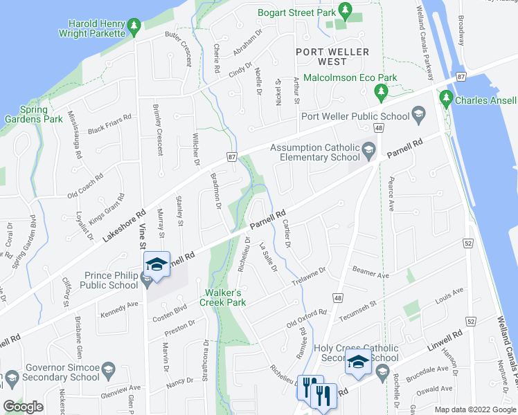 map of restaurants, bars, coffee shops, grocery stores, and more near in St. Catharines