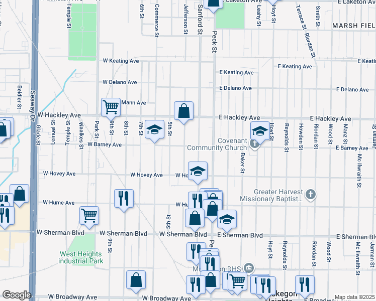map of restaurants, bars, coffee shops, grocery stores, and more near 2300 Jefferson Street in Muskegon Heights