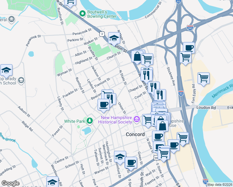 map of restaurants, bars, coffee shops, grocery stores, and more near 46 Washington Street in Concord