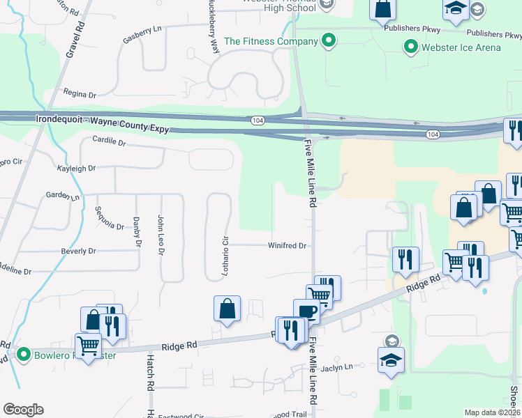 map of restaurants, bars, coffee shops, grocery stores, and more near 951 Gaywood Lane in Webster