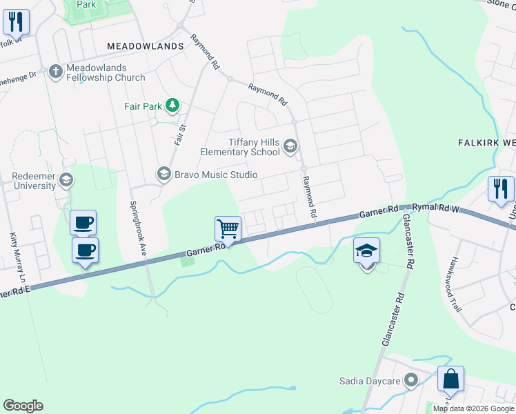 map of restaurants, bars, coffee shops, grocery stores, and more near 27 Dresser Lane in Hamilton