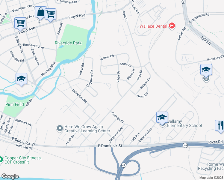 map of restaurants, bars, coffee shops, grocery stores, and more near 502 Millbrook Road in Rome