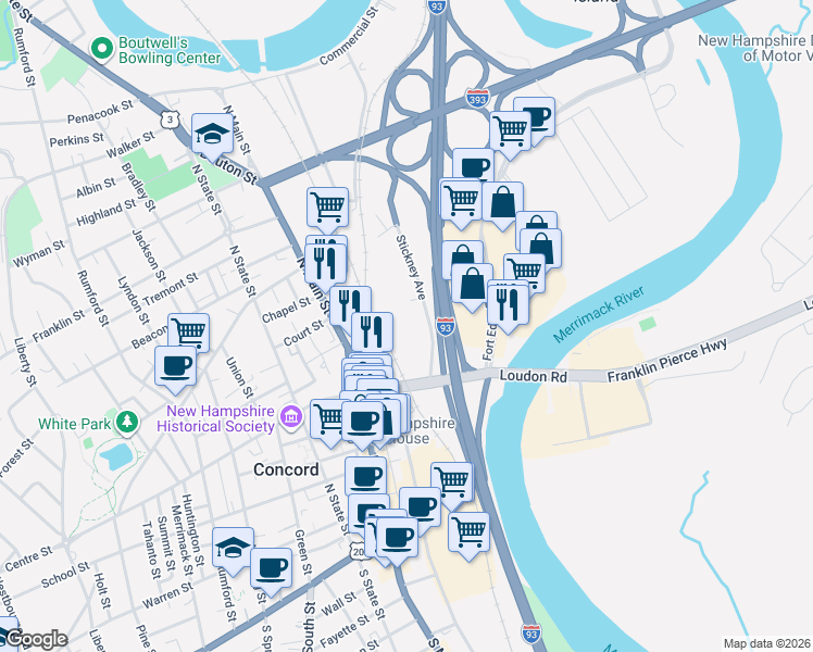 map of restaurants, bars, coffee shops, grocery stores, and more near 11 Stickney Ave in Concord