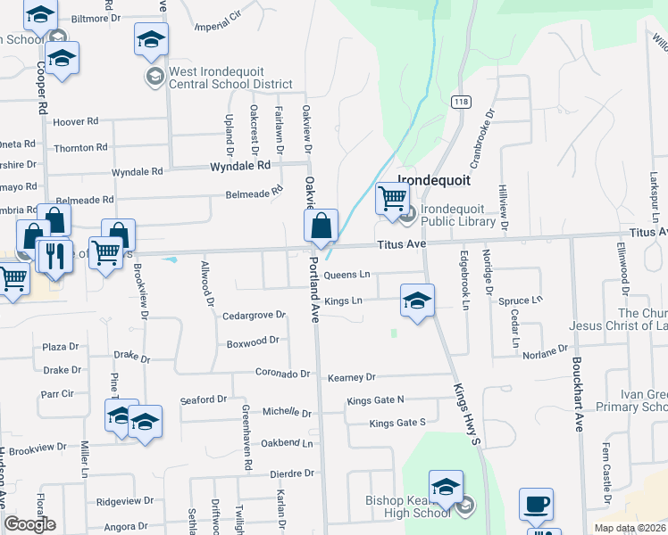 map of restaurants, bars, coffee shops, grocery stores, and more near 30 Queens Lane in Irondequoit