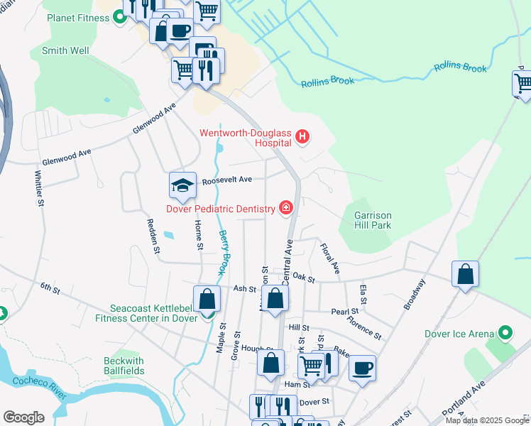 map of restaurants, bars, coffee shops, grocery stores, and more near 122 Mount Vernon Street in Dover