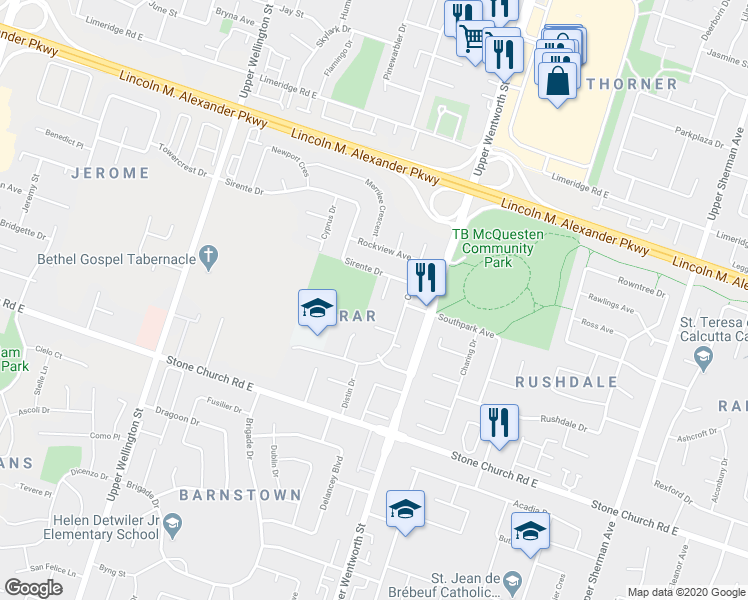 map of restaurants, bars, coffee shops, grocery stores, and more near 22 Latorre Court in Hamilton