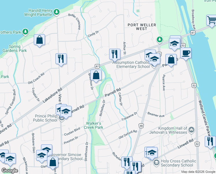 map of restaurants, bars, coffee shops, grocery stores, and more near 151 Parnell Road in St. Catharines