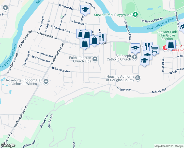 map of restaurants, bars, coffee shops, grocery stores, and more near 2431 West Lorraine Avenue in Roseburg