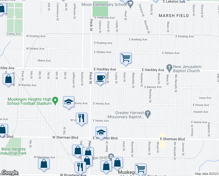 map of restaurants, bars, coffee shops, grocery stores, and more near 2300 Baker Street in Muskegon Heights