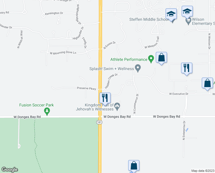 map of restaurants, bars, coffee shops, grocery stores, and more near 10540 Hidden Creek Drive in Mequon