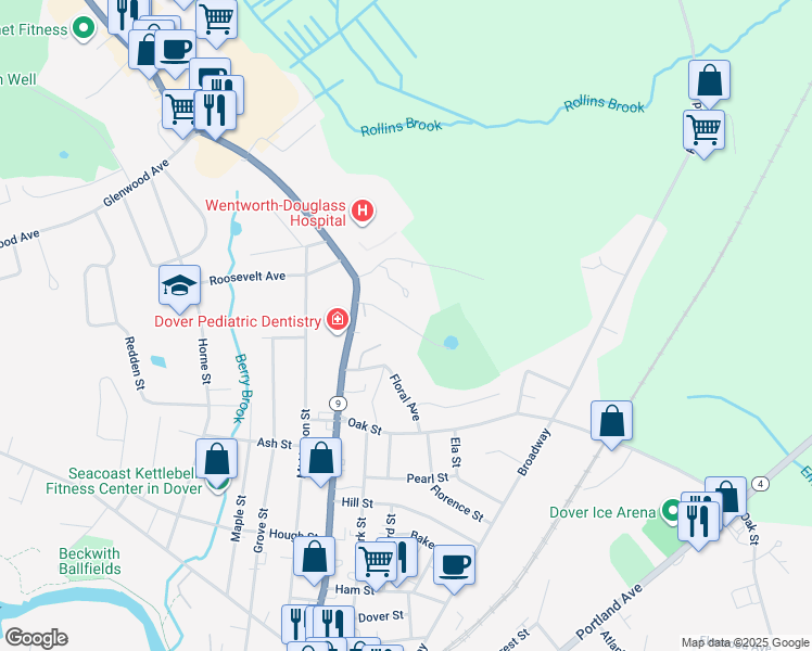 map of restaurants, bars, coffee shops, grocery stores, and more near Abbey Sawyer Memorial Highway in Dover