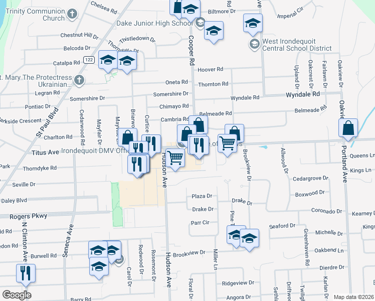 map of restaurants, bars, coffee shops, grocery stores, and more near 645 County Road 91 in Irondequoit